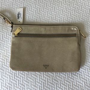 FOSSIL Leather Lzip Wristlet in Champagne Metallic